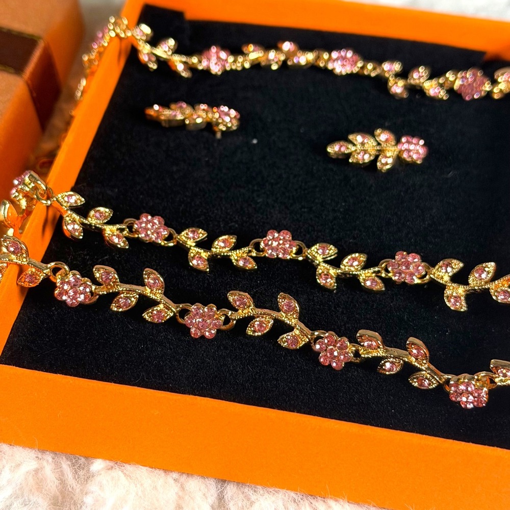 Special Occasion Jewelry Pink Gold Floral Rhinestone Necklace Earring Bracelet
